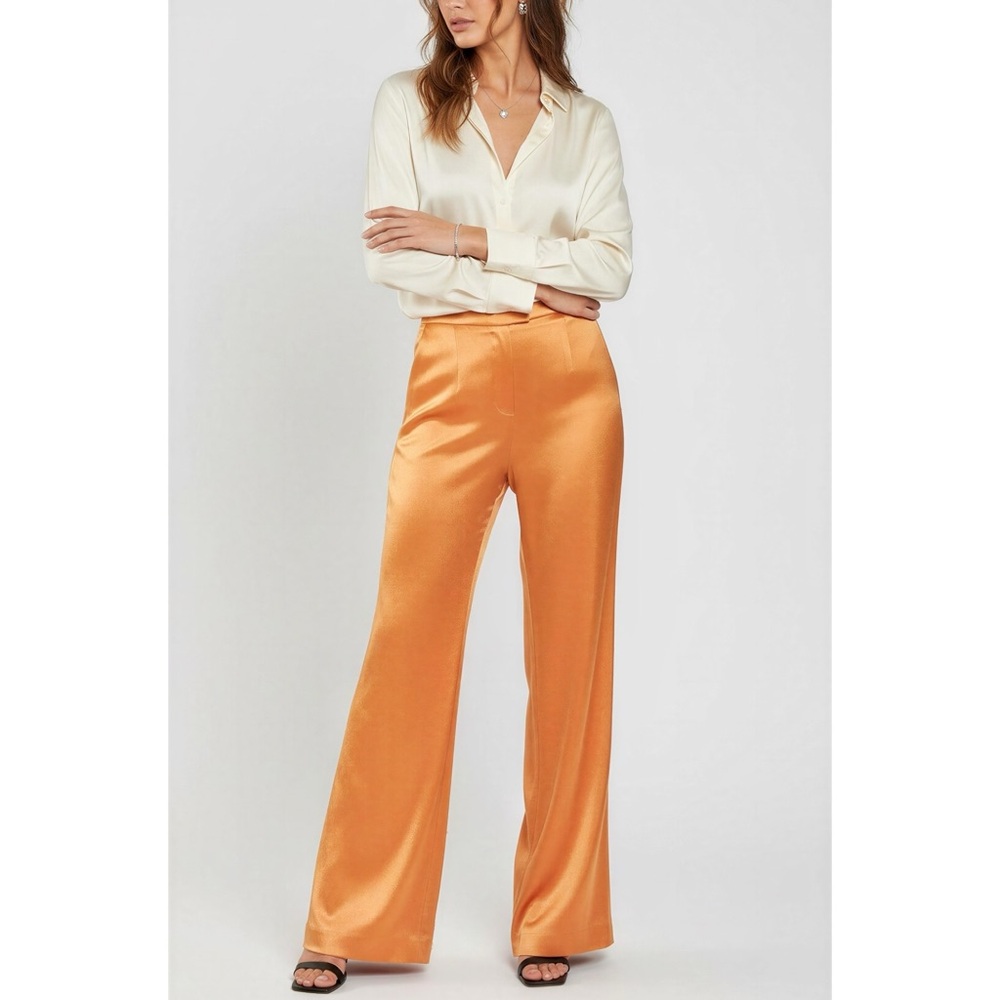 GALVAN LONDON Julianne High Waisted Crepe Satin Flared Trousers, Ochre, 2 (US)